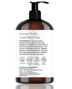 Coconut Vanilla Liquid Hand Soap, Moisturizing & Disinfecting, Organic and All Natural, 8 oz