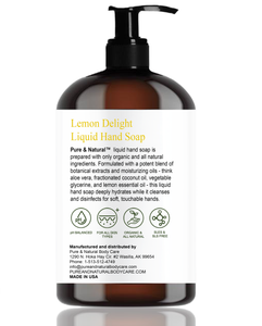 Lemon Delight Liquid Hand Soap, Moisturizing & Disinfecting, Organic and All Natural, 8 oz
